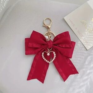 Elegant Red Bow Bag Charm Keychain with Heart Charm